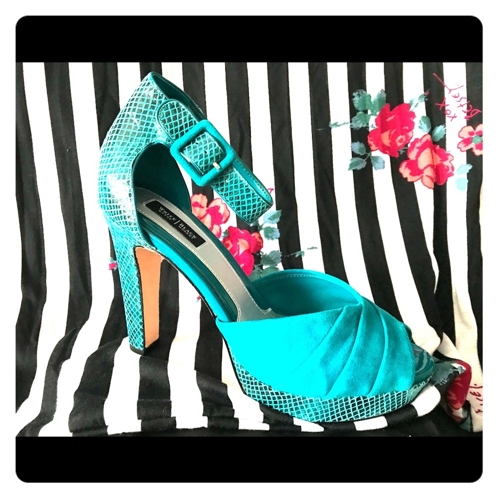 WHBM size 10, Teal suede peep toe heels w/ strap.